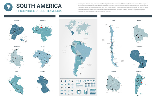 Vector maps set.  High detailed 11 maps of South America countries with administrative division and cities. Political map, map of America  continent, world map, globe, infographic elements.