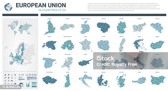 istock Vector maps set.  High detailed 28 maps of European Union countries (member states) with administrative division and cities. Political map, map of Europe , world map, globe, infographic elements. 1138386524