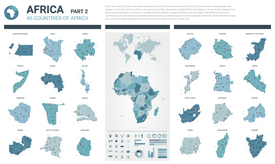 Vector maps set.  High detailed 46 maps of African countries with administrative division and cities. Political map, map of Africa continent, world map, globe, infographic elements.  Part 2.