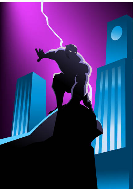 Vector Masked Superhero Silhouette in The City at Night A vector silhouette style illustration of a masked superhero on top of a gargoyle with skyscraper and lightning in the background. lightning silhouettes stock illustrations
