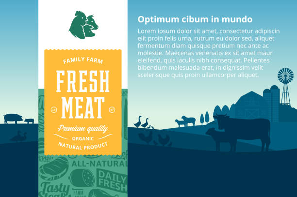 Vector meat illustration Vector meat illustration with rural landscape and farm animals. Modern style butchery label. Butcher's shop pattern and design elements. pig patterns stock illustrations