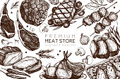Vector design with hand drawn food illustration.Top view design. Restaurant menu. Meat products collection. Vintage template.