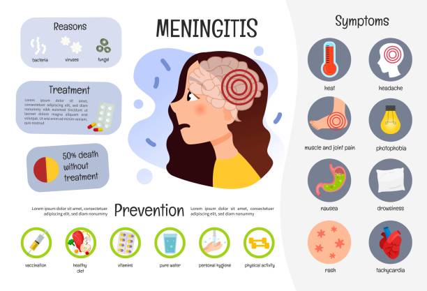 Vector medical poster meningitis. Vector medical poster meningitis. Symptoms of the disease. Prevention. Illustration of a cute girl with a meningitis. headache cartoon stock illustrations
