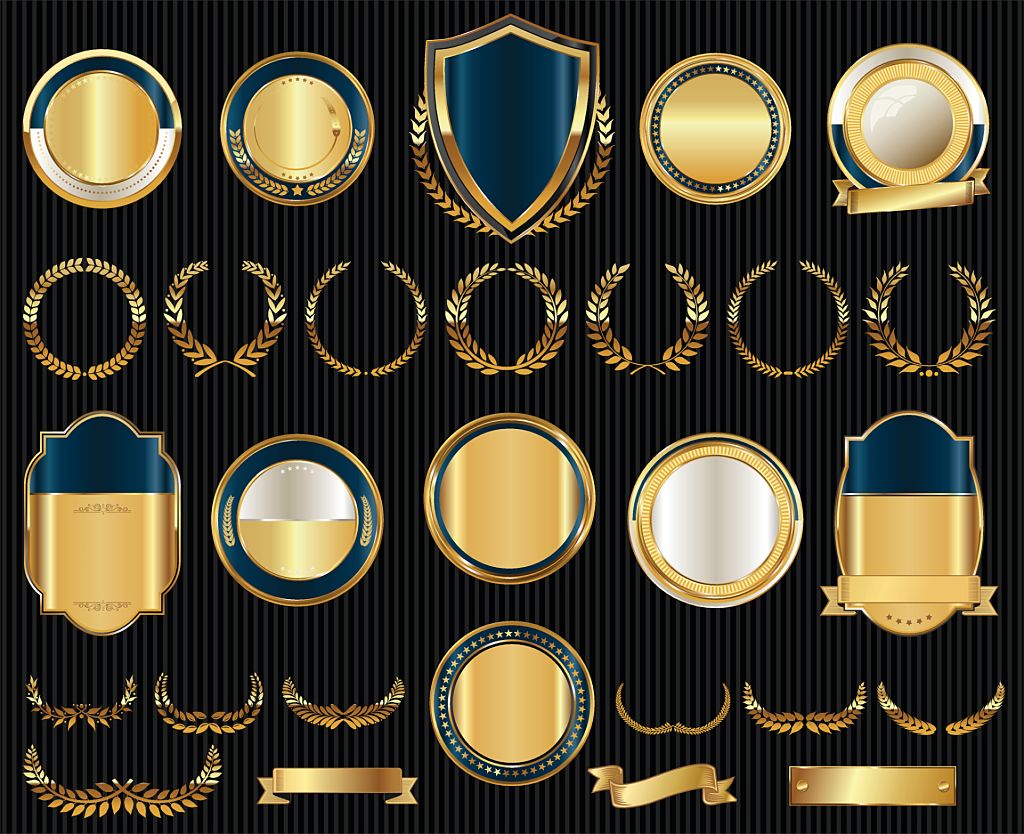 Vetor medieval golden shields laurel wreaths and badges collection