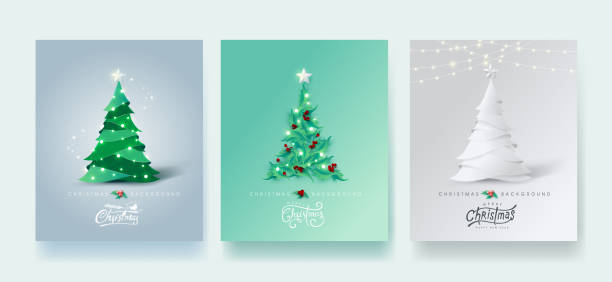 向量聖誕快樂和新年愉快設計賀卡, 封面, 邀請, 海報, 橫幅。書法聖誕刻字。冬季向量例證範本。設置不同風格的聖誕樹。 - christmas tree 幅插畫檔、美工圖案、卡通及圖標