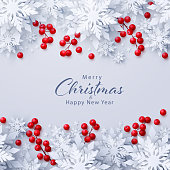 Vector Merry Christmas and Happy New Year background with realistic looking red holly berries branches and paper cut 3d snowflakes. Seasonal holidays banner. Christmas greeting card design template