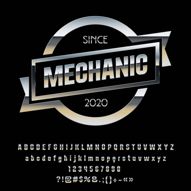Vector Metallic Chrome Emblem Mechanic Set of Silver Alphabet Letters, Numbers and punctuation Symbols mechanic designs stock illustrations
