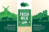 Vector milk illustration with rural landscape, cows, calves, goats, sheep and farm. Modern style milk label. Dairy farm icons and design elements.