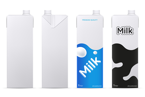 Vector milk package mockup isolated on white background. Cardboard milk or juice box mock up. Front and side view. Element for product branding. Eps 10.