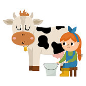 Vector milkmaid icon. Farmer girl milking cow. Cute kid doing agricultural work. Rural country scene. Child with cute animal. Funny farm illustration with cartoon characters