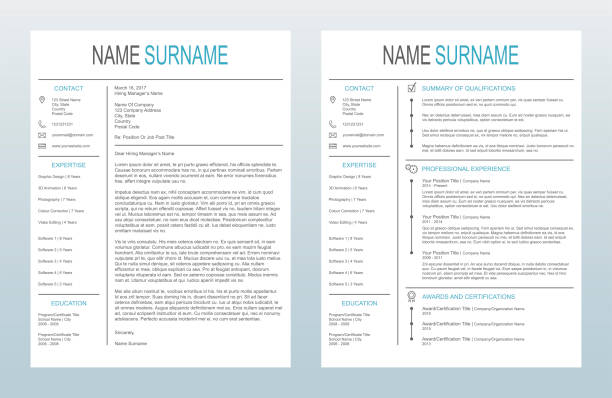 Vector Minimalist Creative Cover Letter And One Page Resume/CV Template On White Background Vector illustration of a minimalist cover letter and single-page resume/CV template on a white background. All text has been converted to paths to avoid font conflicts. resume template stock illustrations