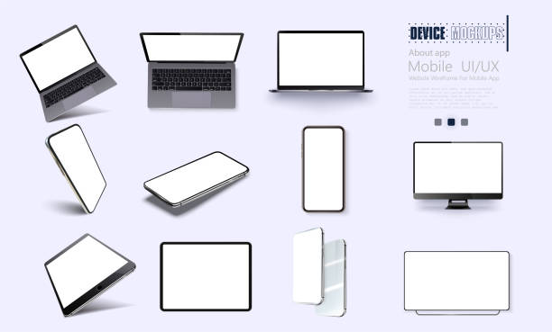 Vector minimalistic 3d isometric illustration set device. Smartphone, laptop, tablet, tv perspective view. Side and top view. Mockup generic device. Template for infographics or presentation Vector minimalistic 3d isometric illustration set device. Smartphone, laptop, tablet, tv perspective view. Side and top view. Mockup generic device. laptop borders stock illustrations