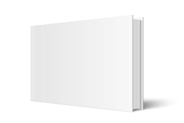 Vector mock up of standing book Vector mock up of standing book with white blank cover isolated. Closed horizontal hardcover book, catalog or magazine mockup on white background. 3d illustration. Diminishing perspective. horizontal stock illustrations