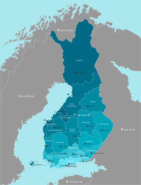 向量現代插圖。簡化的芬蘭行政地圖。它與瑞典、挪威、俄羅斯接壤。芬蘭城市和地區的名稱。藍色和灰色 - kainuu region 幅插畫檔、美工圖案、卡通及圖標