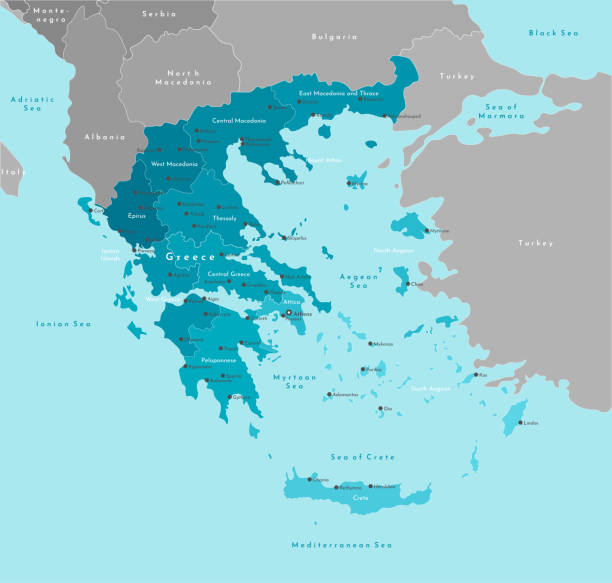 stockillustraties, clipart, cartoons en iconen met vector moderne illustratie. vereenvoudigde administratieve kaart van griekenland (helleense republiek). grens met de dichtstbijzijnde staten (bulgarije, turkije en etc). blauwe achtergrond van overzees. namen van steden en regio's. - egeïsche zee