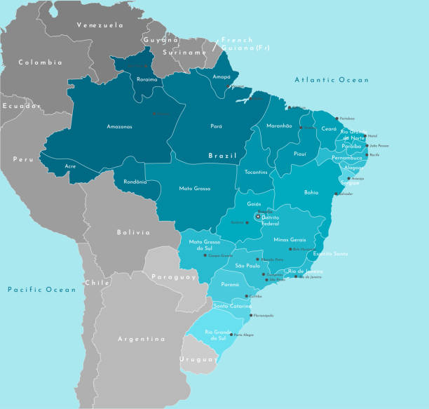 ベクトルモダンイラスト。ブラジルと最も近い州の単純化された地理マップ。海の青い背景。ブラジルの都市(ブラザンリア、サンパウロなど)と州の名前。 - 南アメリカ点のイラスト素材／クリップアート素材／マンガ素材／アイコン素材