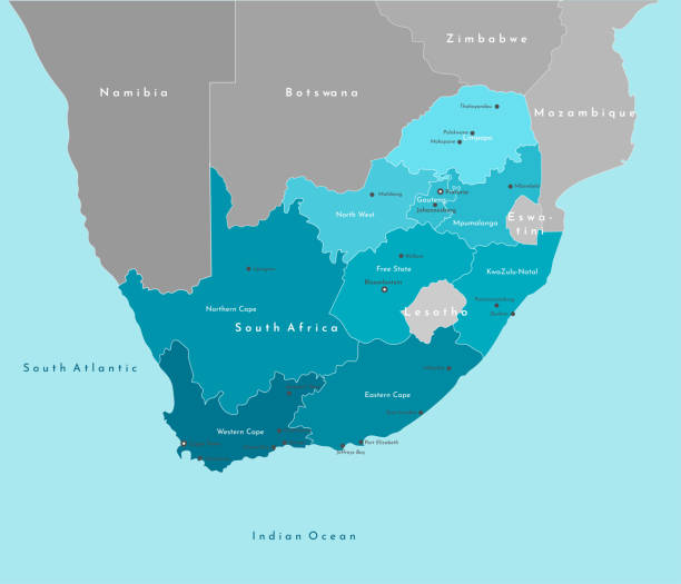 벡터 현대 그림입니다. 남아프리카 공화국의 지리적지도와 이웃 국가와의 국경 단순화. 인도양의 파란색 배경입니다. 남아프리카 공화국의 도시와 지방의 이름입니다. - south africa stock illustrations
