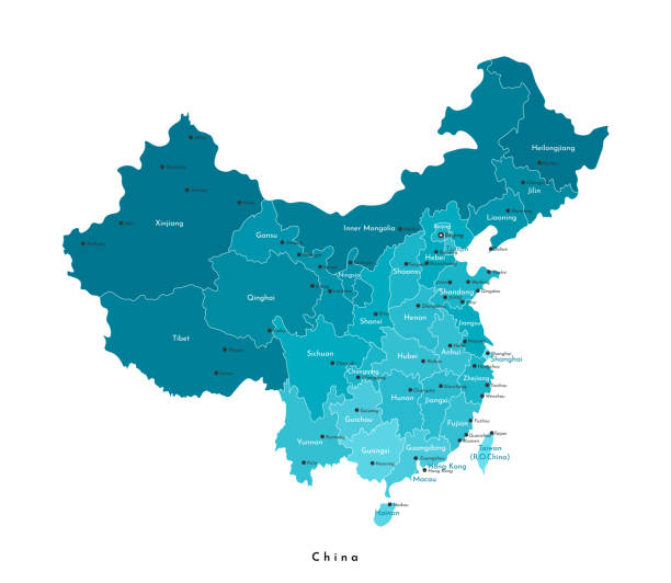 벡터 현대 그림입니다. 중국의 분리 된 관리지도 (prc)를 단순화. 흰색 배경 및 윤곽선입니다. 일부 도시(베이징, 홍콩) 및 중국 지방의 이름입니다. - china stock illustrations