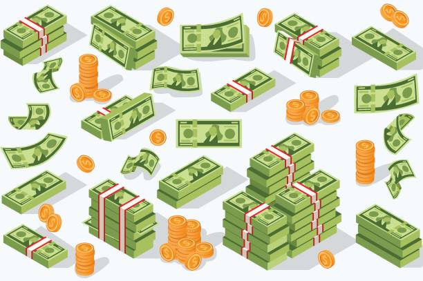 Vector Money Currency Money currency vector illustration. Various money bills dollar cash paper bank notes and gold coins. Collection of cash heap pile and currency stack vector set. pile of money stock illustrations