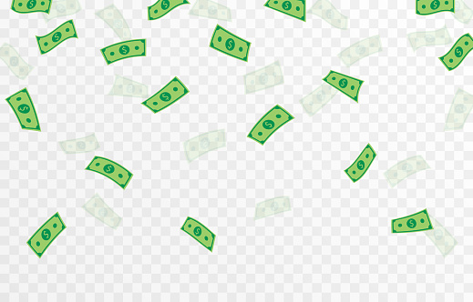 Vector money is falling from the sky. Money png, bills png. Explosion of money on isolated transparent background.