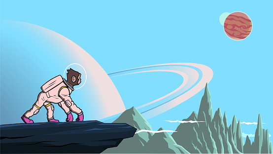 Vector Monkey Space Astronaut Exploring a Planet Stock Illustration