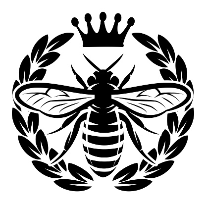 Vector monochrome pattern with flying bee and crown.