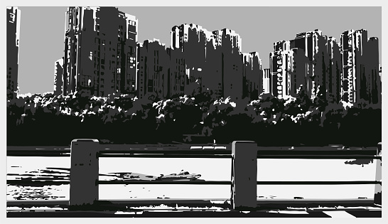 Vector Monochrome Woodblock Art vintage modern city river landscape scene pattern illustration backgrounds