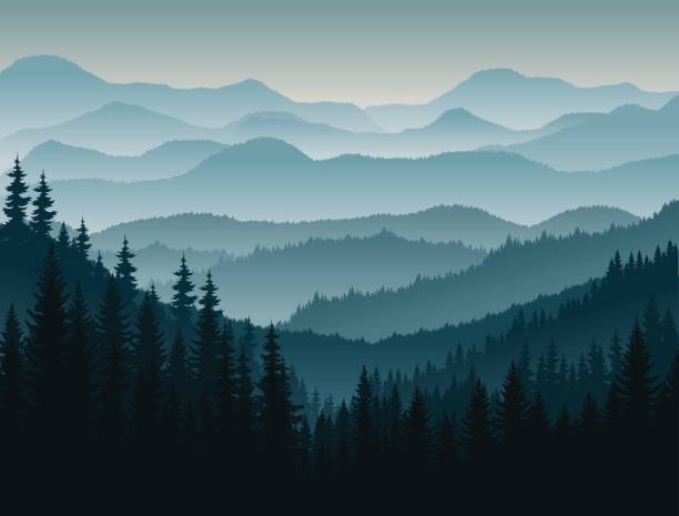 vector morning in mountains vector morning in mountains forest silhouettes stock illustrations