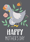 Vector Mothers Day card with cute boho animal. Pre-made design with woodland baby bird with mother. Bohemian style poster with goose family and flowers on gray background.