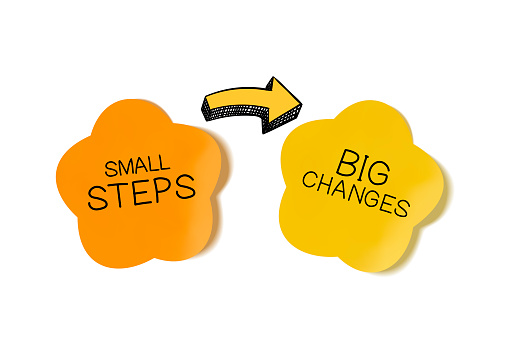 Vector motivational poster: small steps lead to big changes, illustration background, yellow.