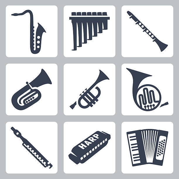 bildbanksillustrationer, clip art samt tecknat material och ikoner med vector musical instruments: pipes, harmonica and accordion - klarinett