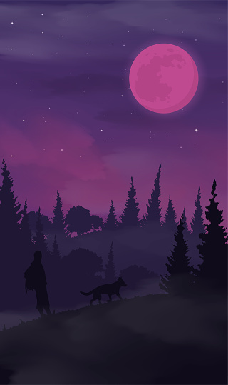 Vector mystical illustration. Background fog on background full moon with silhouettes of scary characters pumpkin, zombie hand.