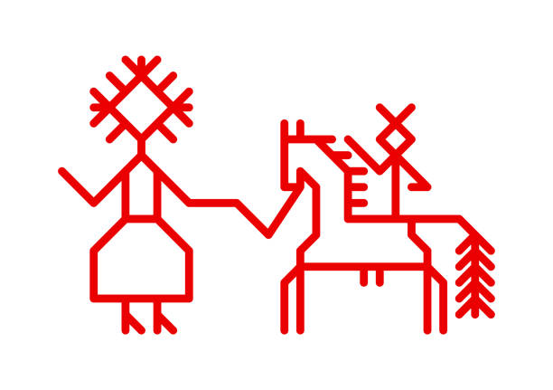 vector national ornamental concept has red simple symbol of mother riding son on horse. outline icon of woman with child on stallion is traditional decorative element of karelia and finland peoples - 北卡累利阿區 芬蘭 幅插畫檔、美工圖案、卡通及圖標