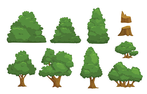 Vector nature elements set Vector nature elements set, isolated cartoon trees and bushes  copse stock illustrations