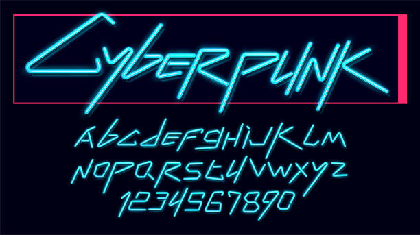 Vector neon cyber font and alphabet. luminescent cyberpunk 2077 font. Vector neon cyber font and alphabet. luminescent cyberpunk 2077 font. cyberpunk stock illustrations