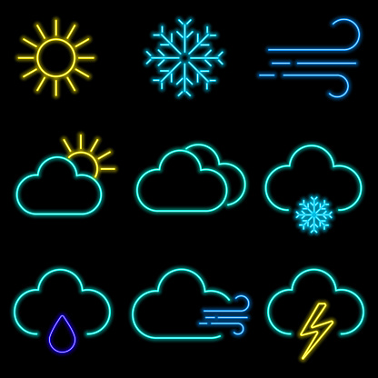 vector neon flat icon set of wether meteo isolated