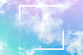 Vector neon pastel toned abstract sky background with clouds and a frame, a design template with a place for a quote and logo