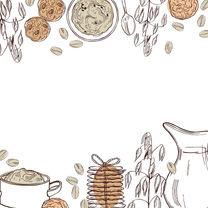 Vector background with oatmeal porridge and cookies. Hand drawn sketch illustration