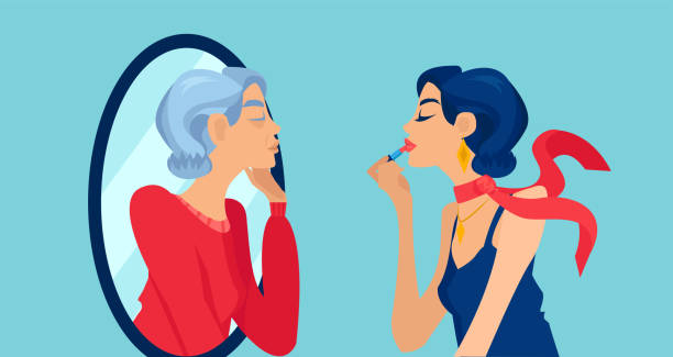 Vector of a beautiful young woman looking in the mirror with an aging reflection of herself looking at her Vector of a beautiful young woman looking in the mirror with an aging reflection of herself looking at her cartoon of a wrinkled old lady stock illustrations