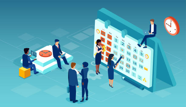 Vector of a business team working together scheduling operations agenda Vector of a business team working together scheduling operations agenda making employee assignments on calendar. project manager stock illustrations