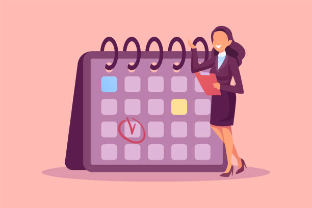 Vector of a business woman standing next to a calendar vector art illustration