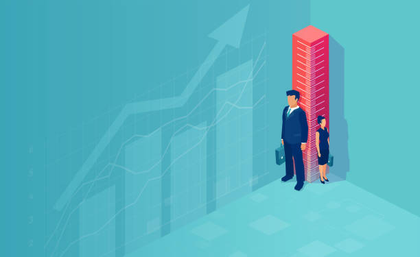 Vector of a businessman and businesswoman standing sideways of the ruler. Difference and discrimination in professional life, career promotion Vector of a businessman and businesswoman standing sideways of the ruler. Difference and discrimination in professional life, career promotion gender stereotypes stock illustrations