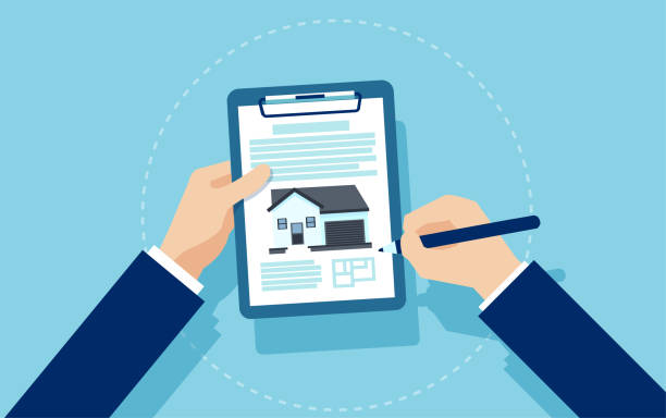 wektor biznesmena podpisujący dokumenty hipoteczne - mortgage stock illustrations