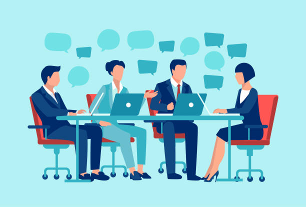 Vector of a businesspeople sitting at table brainstorming Vector of a businesspeople sitting at table brainstorming, discussing business strategy business meeting stock illustrations