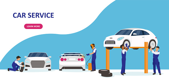 Vector of a car service and repair garage with professional team working to fix auto