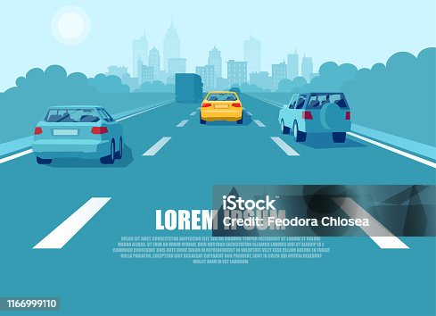 istock Vector of a city transport with cars and trucks driving on a highway 1166999110