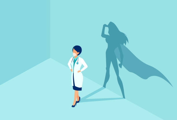 Vector of a confident female nurse or doctor with a superhero shadow on the wall. Vector of a confident female nurse or doctor with a super hero shadow on the wall. nurse face stock illustrations
