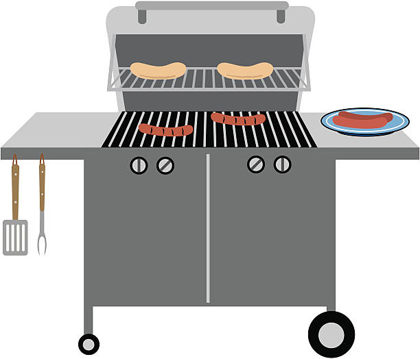Vector of a grill with Hotdogs and buns vector art illustration
