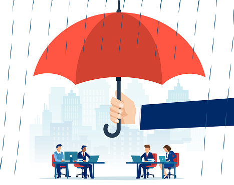 Vector of a hand holding big umbrella in rain protecting employees working in an office