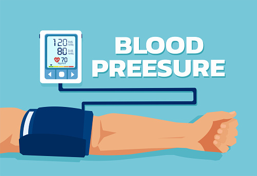 Vector of a man checking arterial blood pressure. Healthcare and monitoring health concept.